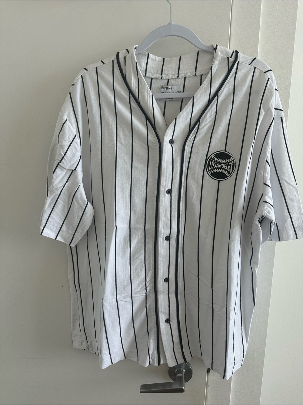 Bershka White Baseball-Style Button Down with Black Pinstripes